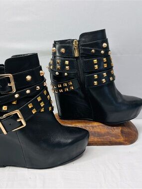 BCBGeneration Black Wedge Ankle Boots with Gold Studs